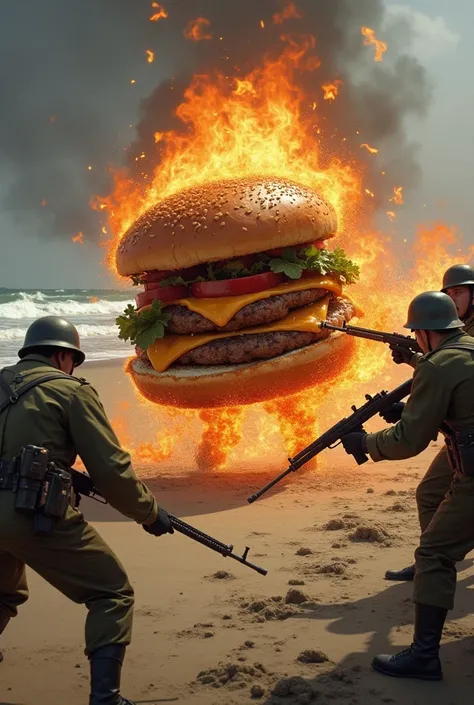 flaming burger shooting nazis on omaha beach in normandy landings world war ii
