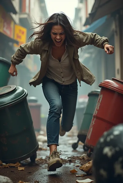 An angry and distraught young woman kicking trash cans.