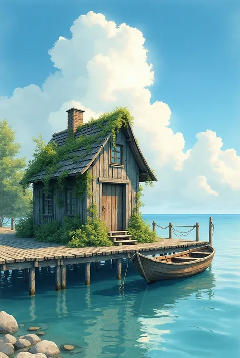 
                         A small wooden house on the wooden pier at the pier in summer, old and wooden(mossy vine)Close-up of a small boat parked next to the old rope on the pier(Exquisite details) Calm sea seascape clear bright summer illustration wonder...