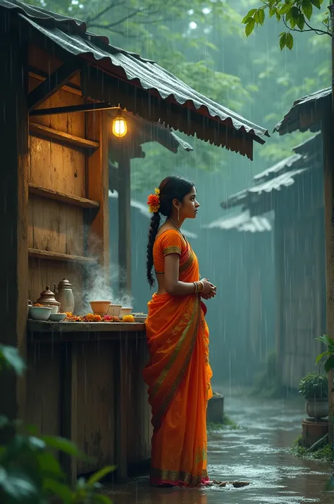 A young indian girl wearing saree, took shelter in a tea stall, raining heavily.