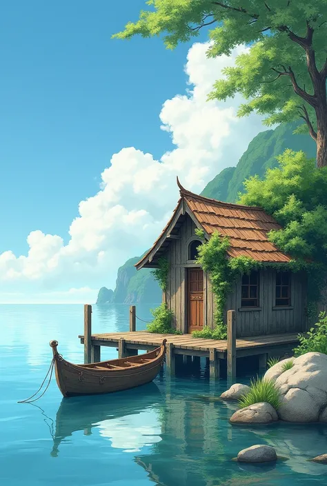 
                         A small wooden house on the wooden pier at the pier in summer, old and wooden(mossy vine)Close-up of a small boat parked next to the old rope on the pier(Exquisite details) Calm sea seascape clear bright summer illustration wonder...