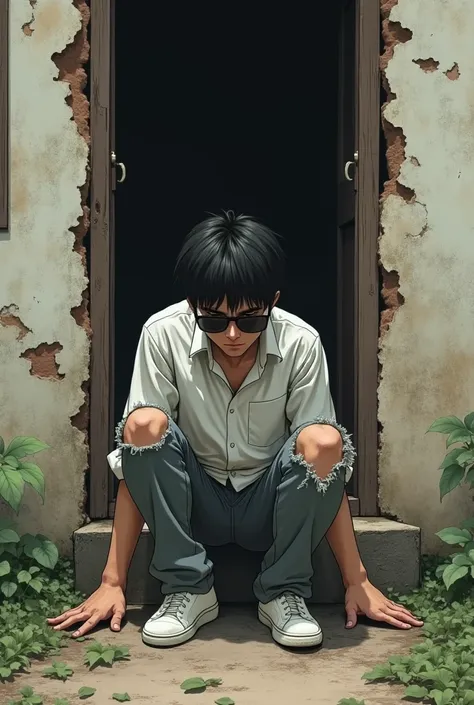 An 17-year- man sit in front of a dilapidated house in torn pants, a white shirt, white shoes, and sunglasses, with his hands on the wall.