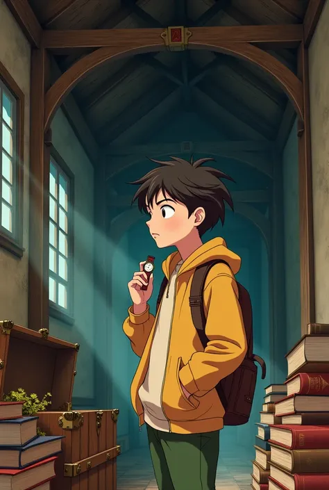 , 15yo, a watch in the hand, in the background old roof truss, open old chest, old books,  Nice, colorful, Hyperdetailed, 8k, Studio Ghibli-Stil