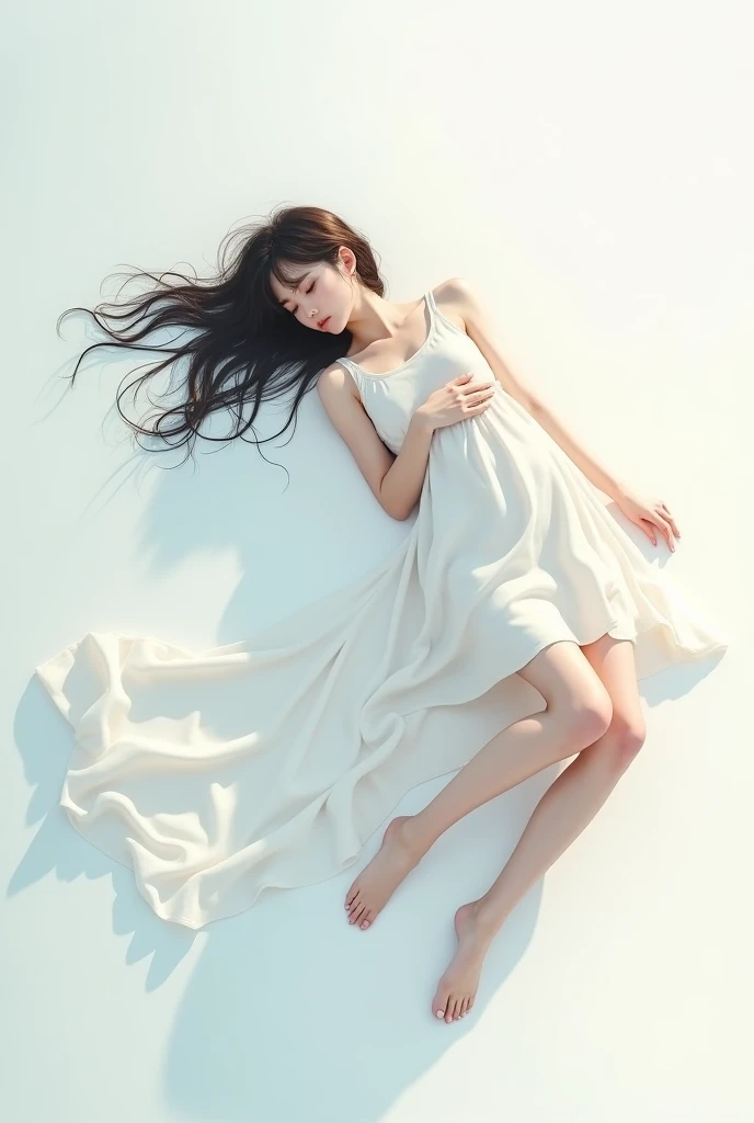 Teenage woman lying down in a white dress ,Long Hair,Japanese women,Thin Hair,White floor