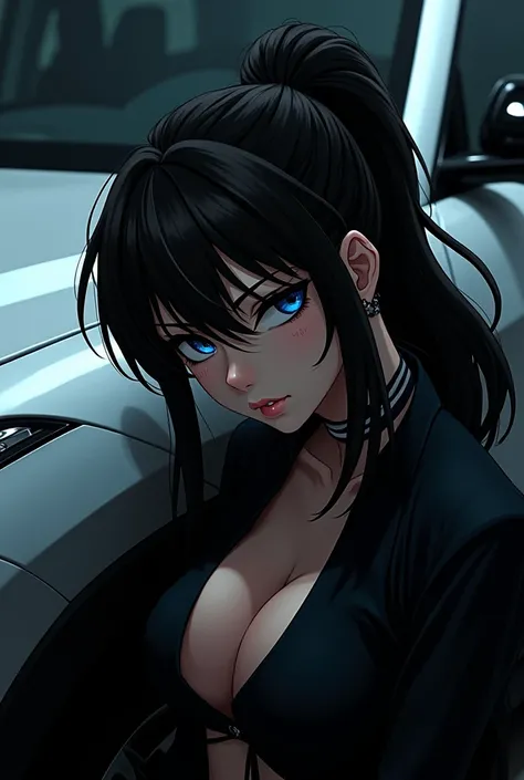 Zoomed in close up of a badass anime girl leaning on a Lamborghini Urus SUV in the dark 