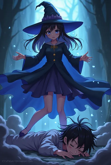 Anime witch girl standing over the head of an anime boy 