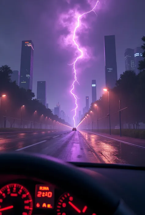 Dashboard view, Inside car, Night, Car taking a turn towards the left, Clouds with electricity flashing, Water puddles on the road, Tall Buildings nearby, Street lights flashing, Purple Aura around