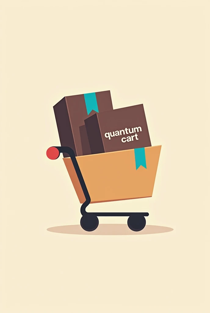 A shopping cart with 2 cardboard boxes in the cart one on left one on right written quantum cart on them like quantum on one box and cart on the other the shopping cart should look a little cartoonish and cardboard boxes should look dark brown with blue ta...