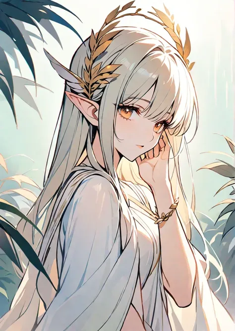 the image showcases an animated character with long, blonde hair. the character has elf ears, and she is wearing a delicate head...