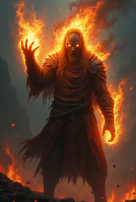 Make a image of a unface warrior fire 
lighting eyes and hand is burning