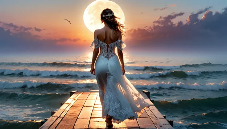 a fantasy pier at sunset a beautiful bride walking down the pier, a beautiful bride best detailed face, dynamic hair color, dynamic hair style, the moon is rising there are star in the sky, there is light house at the end of the pier, romantic atmosphere ,...