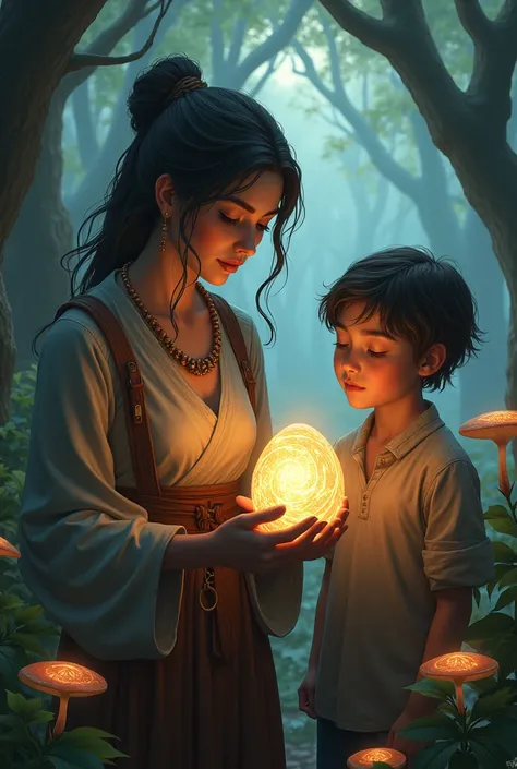 Mira, the wise woman, is examining a glowing stone found by young Kael.