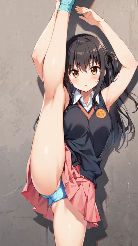 One Girl, Standing splits, Yuki Mikan, Long black hair，black sleeveless, Short Vest，Pink Skirt，Blue underwear