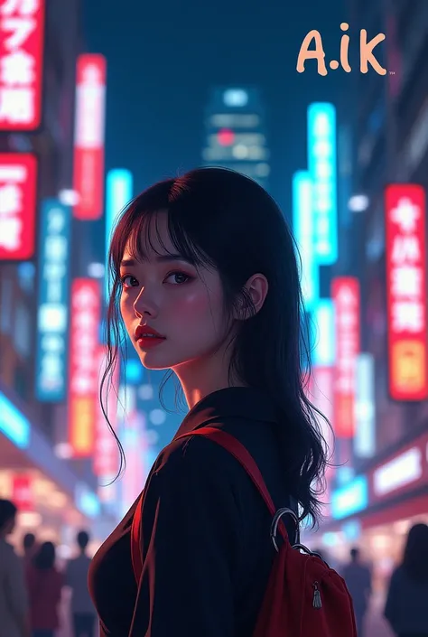 A girl in japan city lights with a text "AIK"
