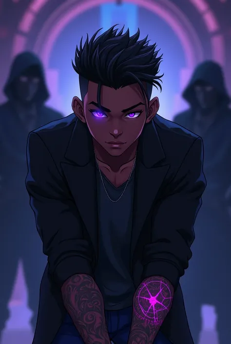 an anime-style image of a young African American man with neat, fresh fade cut hair style and vibrant purple eyes. Hes wearing a black jacket and jeans, bowing gracefully with one eye open, looking directly at the viewer. His arms are wrapped in intricate,...