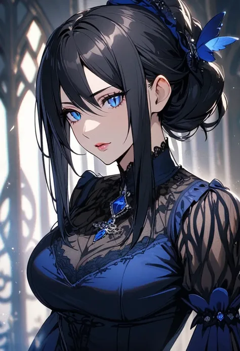 solo, beautiful, 1 lady, mature motherly charm, big breasted, blue gothic furl dress, sleek low bun hair, black hair, smooth hair, long bangs, blue eyes, slit pupils, noble, aloof and confident personality