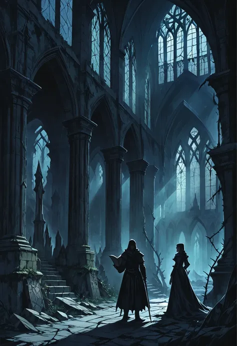 dark fantasy scene of two characters dressed in medieval-style clothing, standing in a ruined, ancient cathedral. the man and wo...