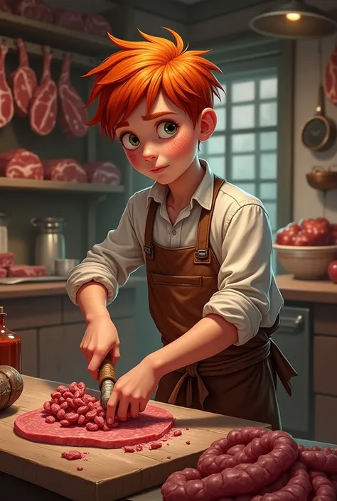 Create a 1 red-haired boy working in a butcher shop 