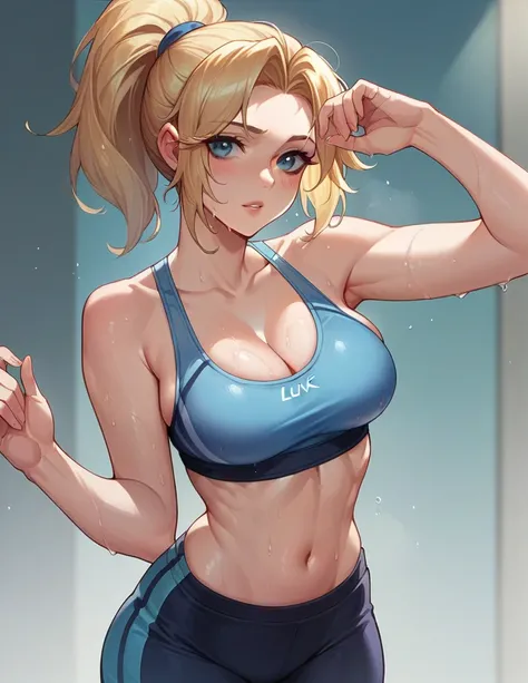 	Luxanna Crownguard (League of Legends)

whole body,wet body,beautiful breasts,horny look,horny pose, with sports bra,short sports pants,gym background 