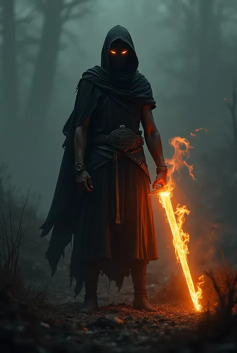 A faceless warrior and only his hand and eyes are burning and sword too and his clothes are too tight