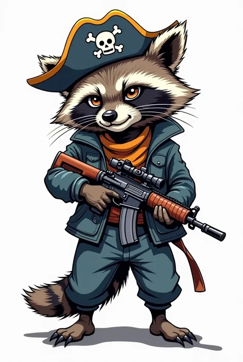 Please generate a human raccoon in a grey comic style suit carrying an assault rifle and wearing a pirate hat. with white background. The raccoon has no tail. Please in color. The raccoon can only be seen from the waist up