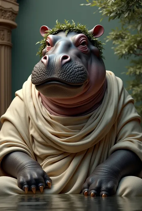 A Philosopher Hippopotamus. Dressed like a Greek philosopher. for a book cover.