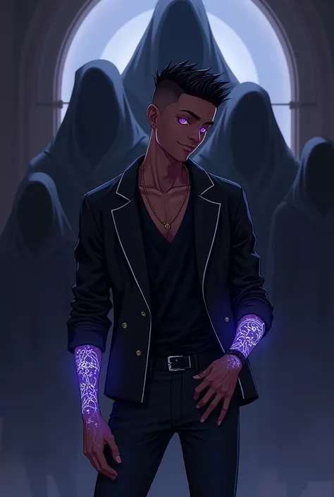 an anime-style image of a young African American man with neat, fresh fade cut hair style and vibrant purple eyes. Hes wearing a black jacket and jeans, bowing gracefully with one eye open, looking directly at the viewer with a gentle smile. His arms are w...