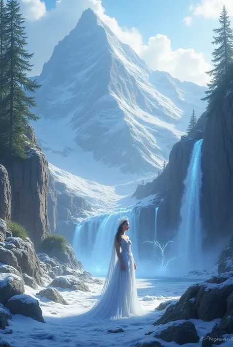 Snow Princess Among the Mountains and Waterfalls