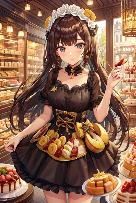 Wearing a cake dress（20th Generation）Beauty of，The dress is decorated with bananas and covered in caramel sauce.，High resolution, solo, Background European cake shop