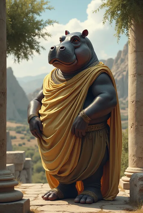 A Philosopher Hippopotamus. Dressed like a Greek philosopher. How Socrates.