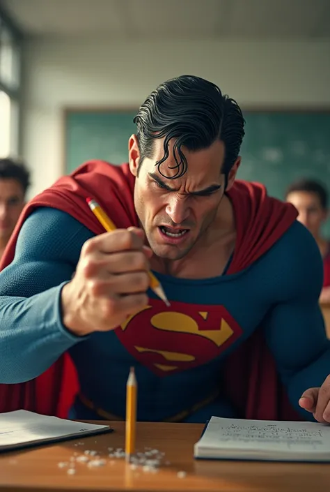 Super man breaking his pencil with angry  at class 