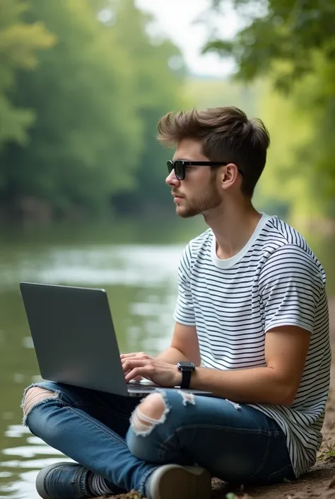 A 17 year man is sitting by the river with a laptop in ripped pants and a white and black shirt with sunglasses looking left. Realistic photo 