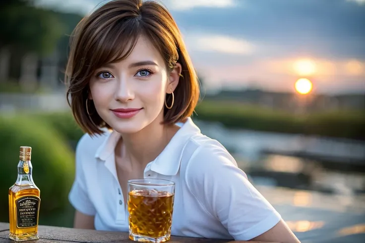 (Realistic, 超Realistic:1.4), 16k hdr, High resolution,Brown short hair,The best smile、Japanese actress,Super Beauty(Like the real thing),Short sleeve dress,Whiskey bottles、The Macallan、Johnnie Walker、、Old Parr、whiskey、Suntory、Nikka、Slim Couple、Model Couple...