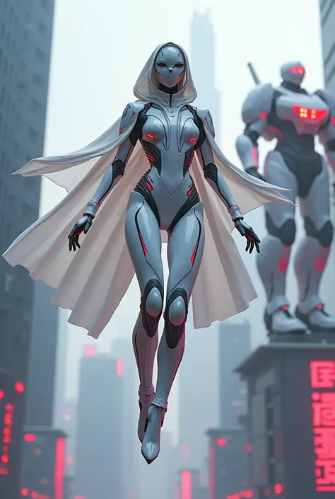 Create a Japanese woman with a white cape attached to a hood, in a futuristic white exoskeleton armor with neon red details wearing a white metal mask, levitating in the skies of a futuristic city with large buildings, close up of a futuristic neon red and...