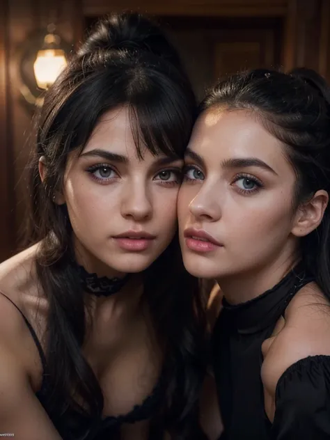 two beautiful girls, one of them black hair, Bangs and loose hair, the other black hair and ponytail, natural blue eyes, heavily lined eyes in the Gothic style, high détail, cinematic lighting, 8k, work of art, super realistico, new, without any clothes, w...