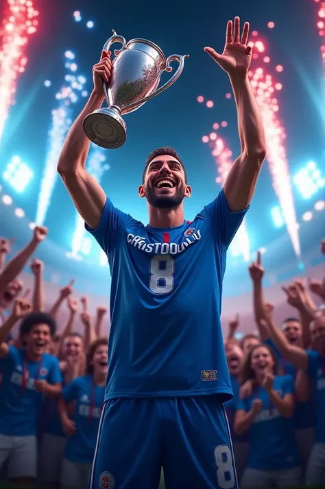 A footballer in a blue jersey with number 8 in the back and his name is Christodoulou holding a trophy. Thousand people around celebrating with blue and red pyros in the night 