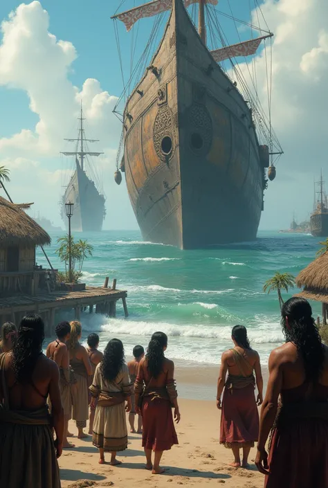 Large ships appear on the shore; the villagers watch from a distance.