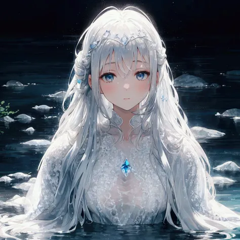 Flowing silver hair, Delicate white lace dress, A tranquil and ethereal posture, Standing in the water, Natural light creates soft highlights, Deep sparkling water background, Calm and peaceful atmosphere, Front view, Sharp focus，The scenery is deep, Balan...