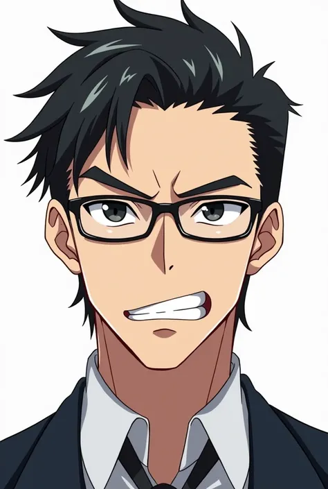 Black Haired Male Teacher, Glasses, Black Eyes, Anime Image, White Background, Smug Meme Image About Blue Archive Game