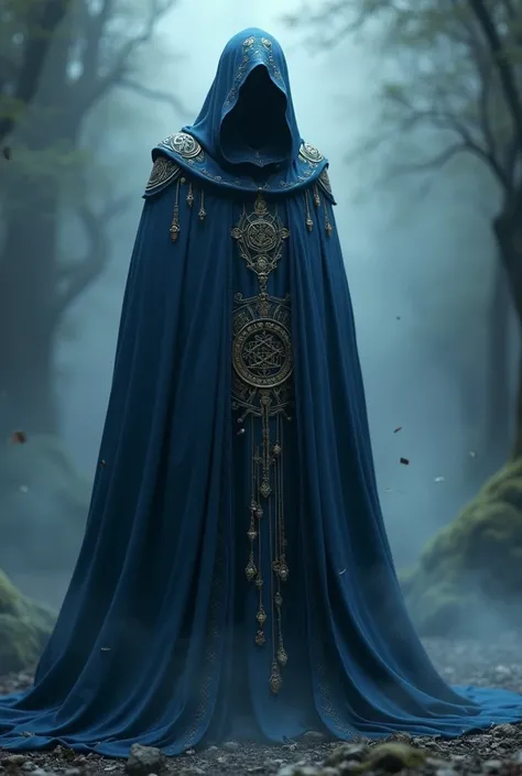 A shadow man with blue robes with golden runes