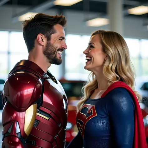 Ironman and Supergirl are laughing happily, both of them look at the camera , background showroom mobil , portrait 