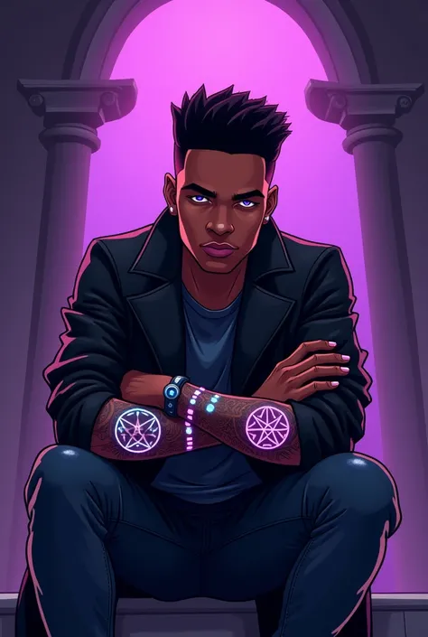 a cartoon-style image of a young African American man with neat, fresh fade cut hair style and vibrant purple eyes. Hes wearing a black jacket and jeans, bowing gracefully with one eye open, looking directly at the viewer. His arms are wrapped in intricate...