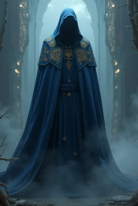 A shadow man with blue robes with golden runes 