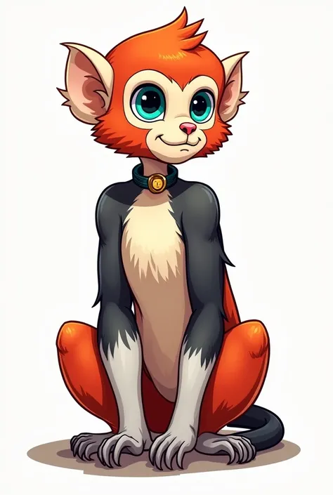 (Seaart)A female, red shanked duoc langur. Orange on her upper face and cream on the lower portion, with turquoise around her eyes, black shoulders and biceps, grey abdomen, white forearms, and bright red legs. Similar to a lemur in body shape. A lot of fu...