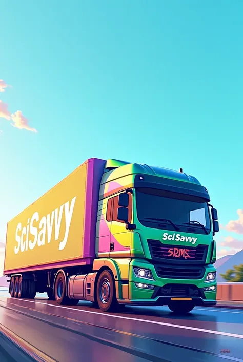 A Euro vector truck with sky blue , lime , pink , purple mixed colour "Sci Savvy" large text on all body of it with horizontal side view.