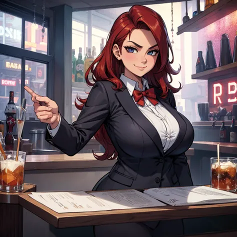 Office shirt, red bowtie, suit jacket,, busty, massive boobs, giant breasts, in a bar, bar tender, smirk