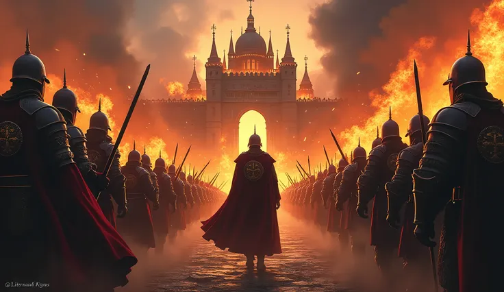 The neighboring king in red and black armor leads a surprise attack on the peaceful kingdom, with soldiers charging through the gates and the kings palace burning in the background. The peaceful king looks shocked and unprepared, standing in front of the p...