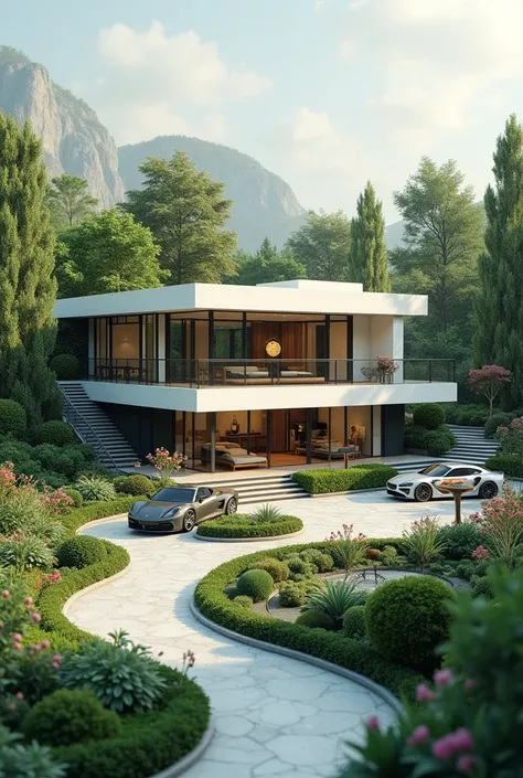 Make a model of a minimalist modern house with a Victorian garden, with scale and proportion with cars and human scales 