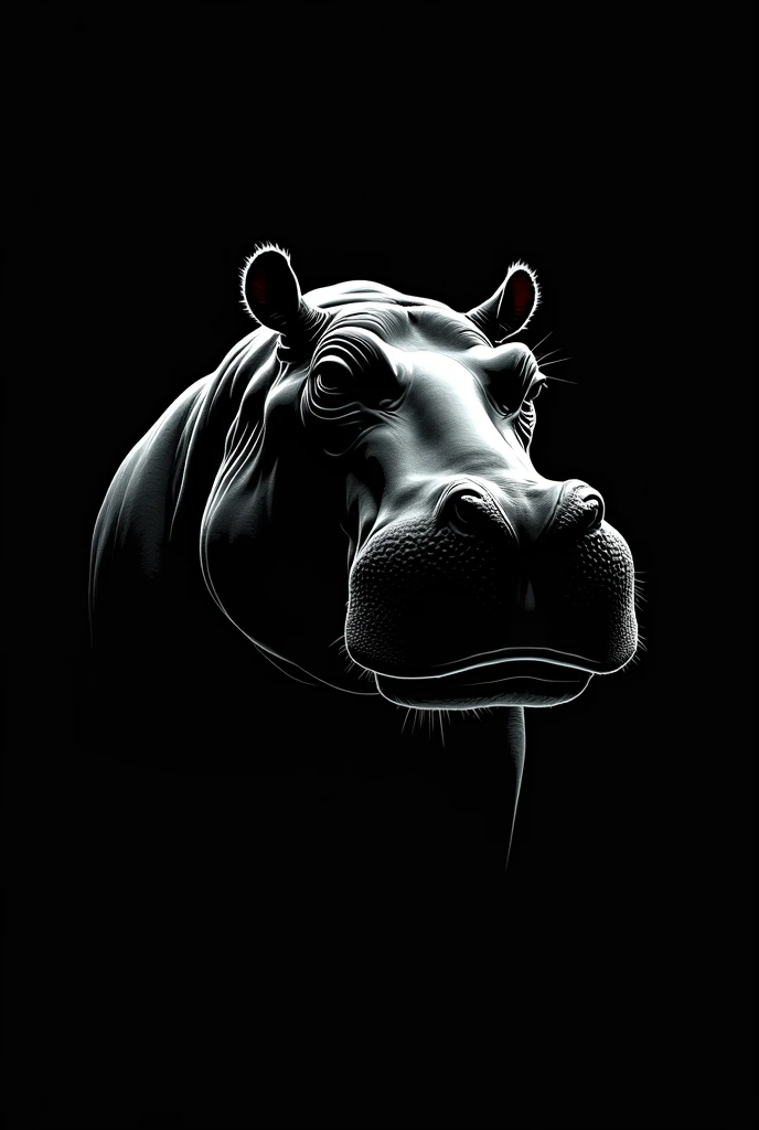 Generates an image with a black background and in the center appears the head of a hippopotamus drawing in white.