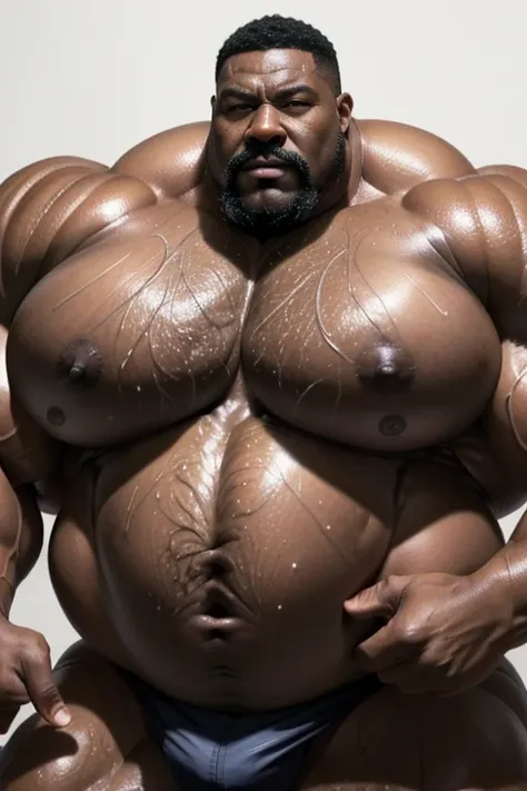 Hyperrealistic image of an African superhero man with grey hair.., very old and very sweaty bodybuilder over 80 years old..very muscular and fat, He weighs more than 200 kilos with a naked torso., large and flaccid pectorals, Brown nipples and a large grey...